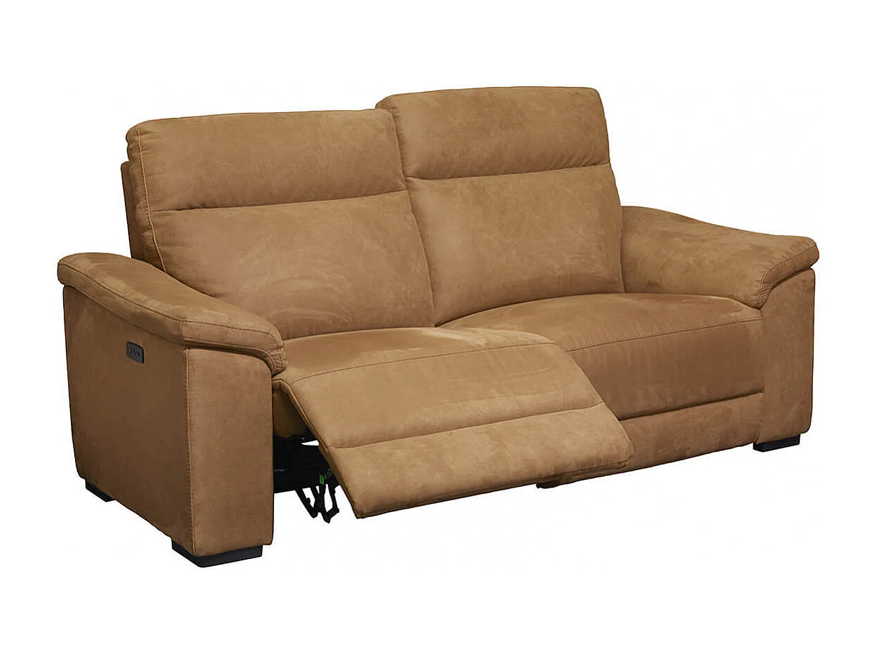 STANLEY - Canapé Relax Electrique 3 Places Tissu Peau de Pêche Cognac