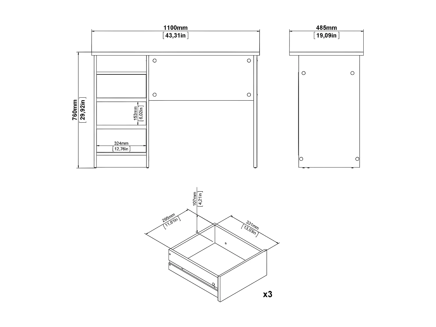FunctionPlus Schreibtisch 3 Schubladen weiß.