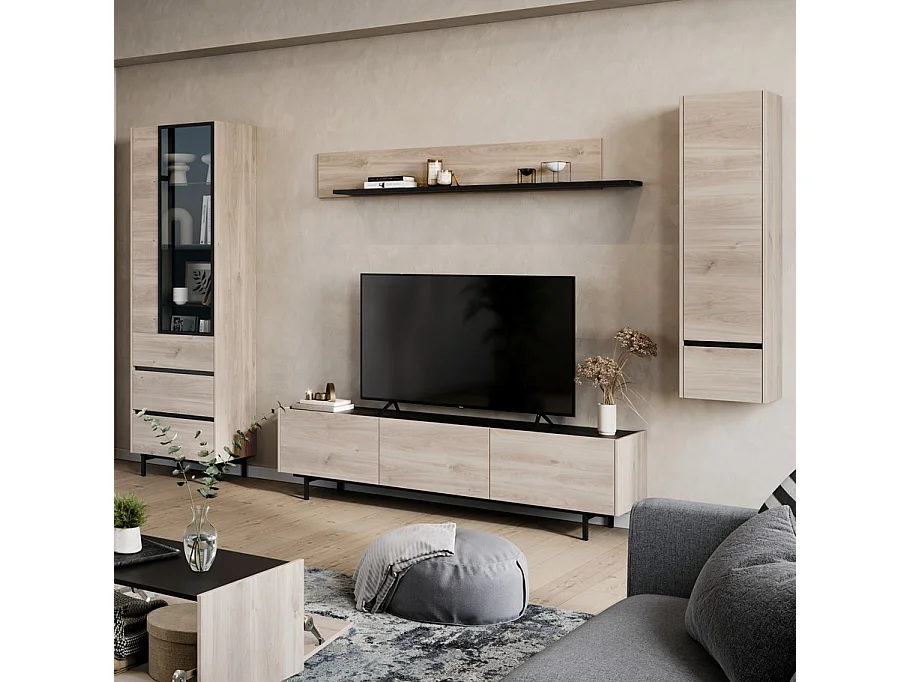 Estantería de pared de diseño básico en negro y roble