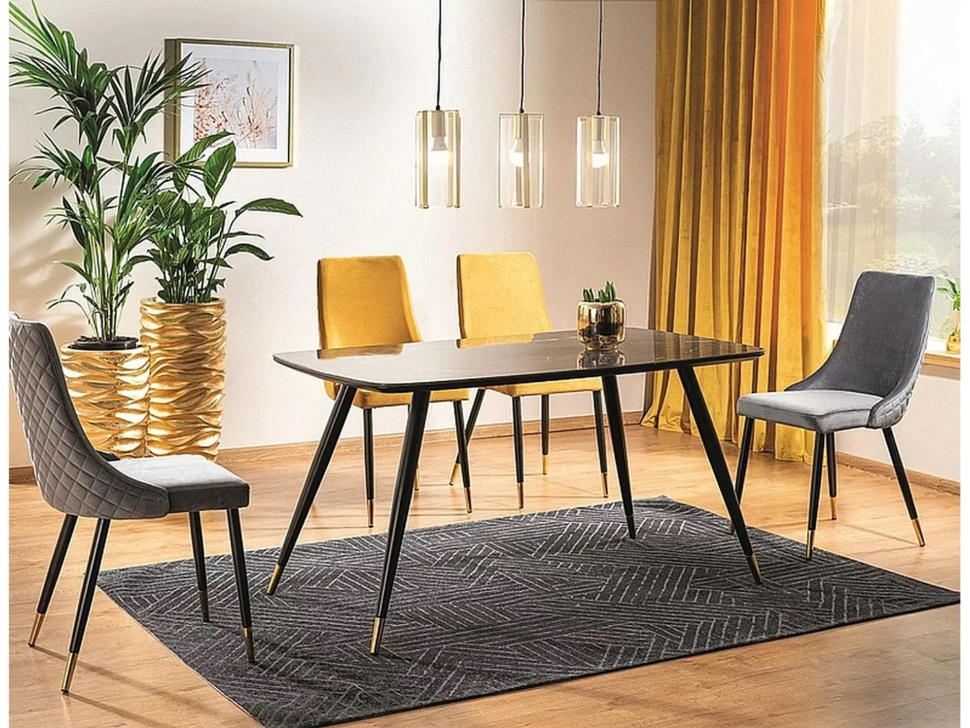 Mesa de comedor de diseño con aspecto de mármol negro y patas de metal Control