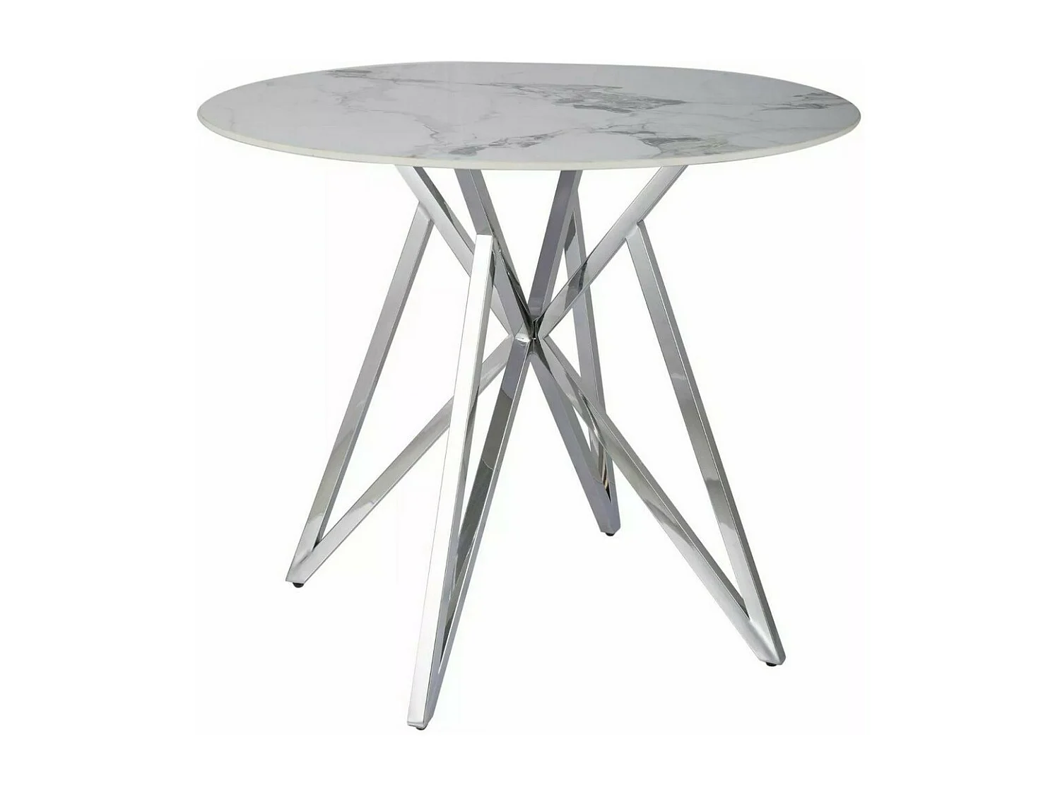 Table à manger ronde 90 cm aspect marbre blanc avec pied en métal chromé Persei