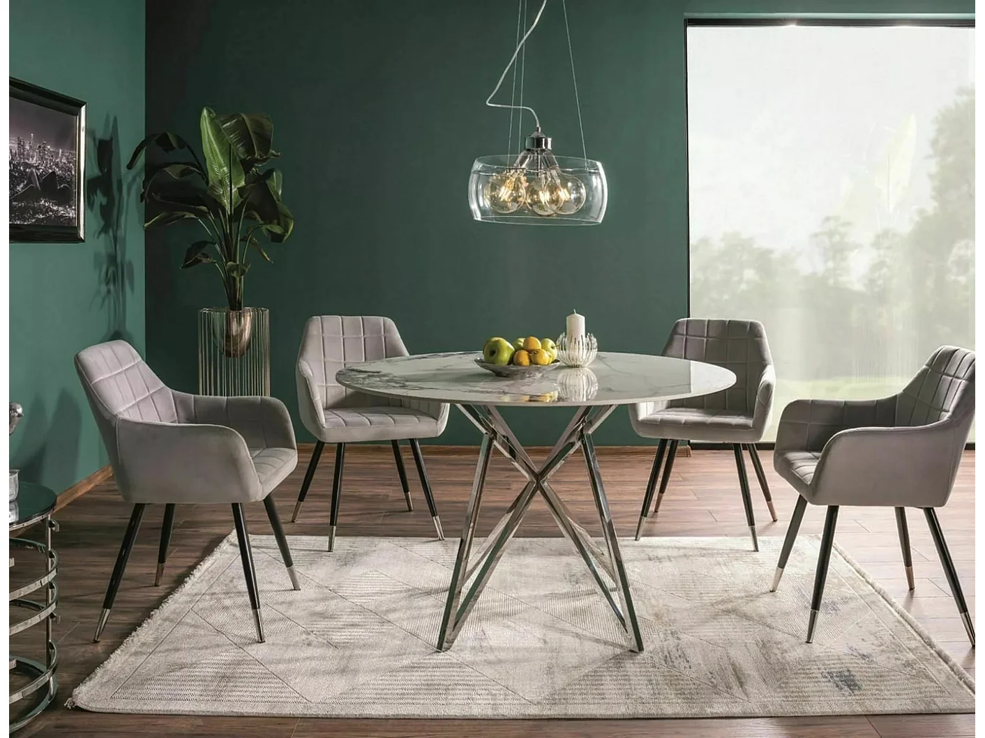 Tavolo da pranzo rotondo Persei 90 cm in marmo bianco con base in metallo cromato