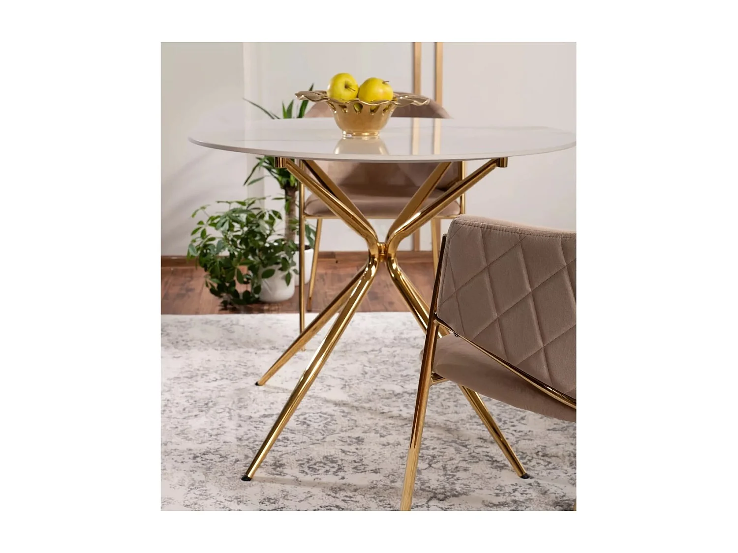 Table à manger design ronde 90 cm avec plateau aspect marbre blanc Ursae