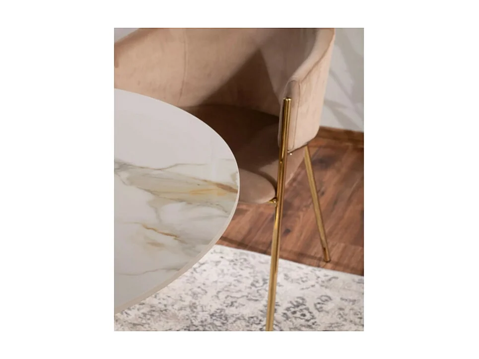 Table à manger design ronde 90 cm avec plateau aspect marbre blanc Ursae