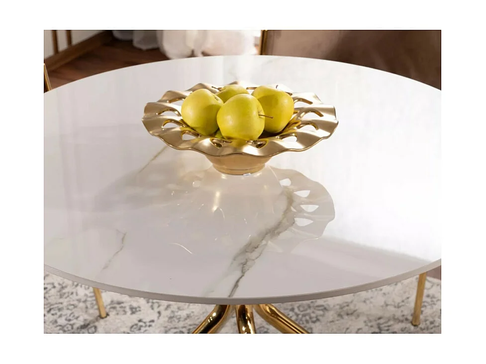 Table à manger design ronde 90 cm avec plateau aspect marbre blanc Ursae