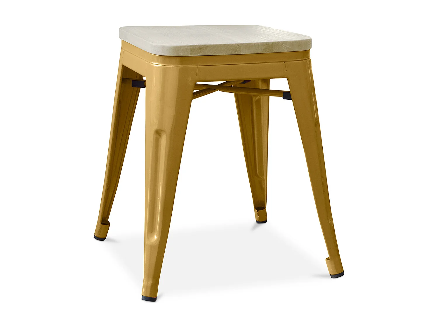 Petit tabouret industriel acier brillant et assise en bois massif naturel Reko 45cm-Couleur Doré