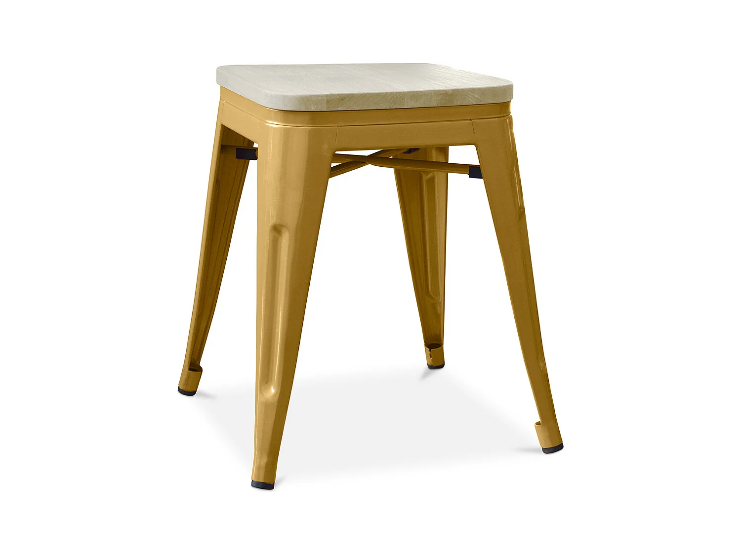 Petit tabouret industriel acier brillant et assise en bois massif naturel Reko 45cm-Couleur Doré