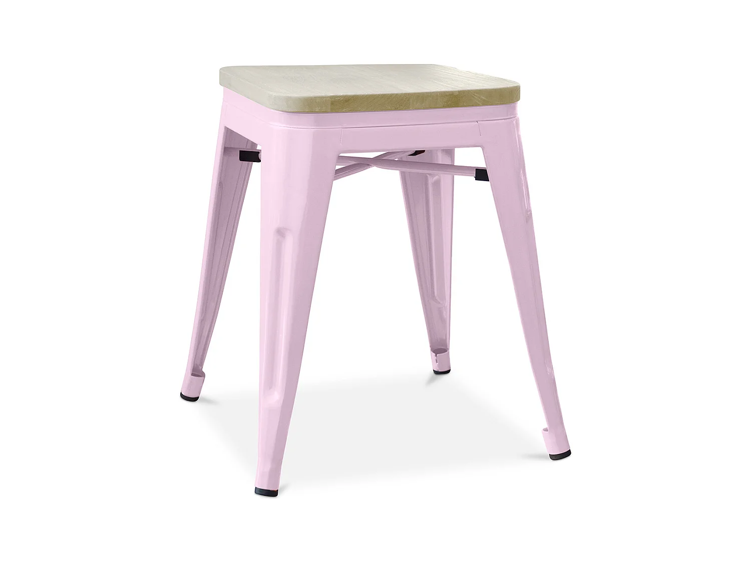 Petit tabouret industriel acier brillant et assise en bois massif naturel Reko 45cm-Couleur Rose clair