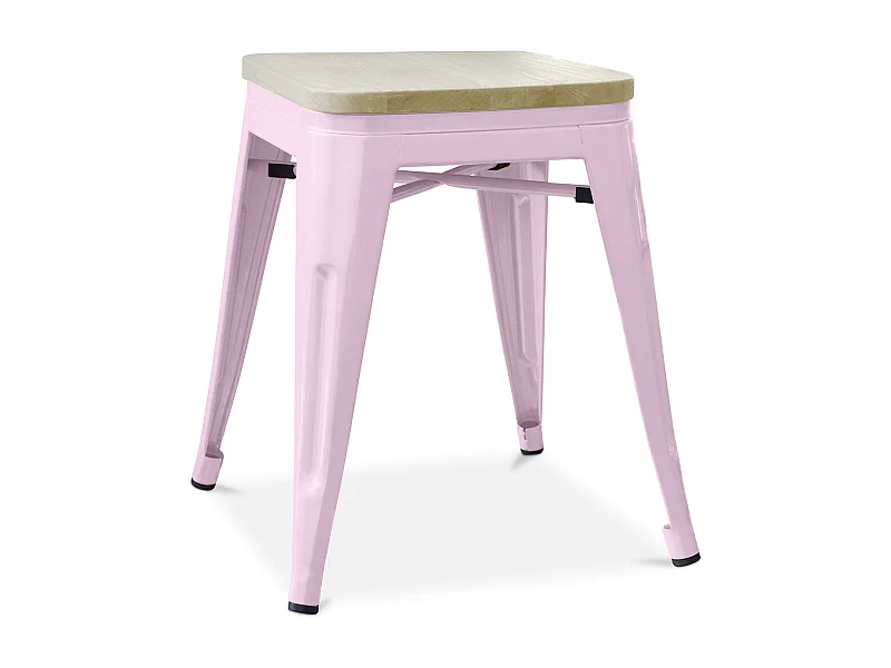 Petit tabouret industriel acier brillant et assise en bois massif naturel Reko 45cm-Couleur Rose clair