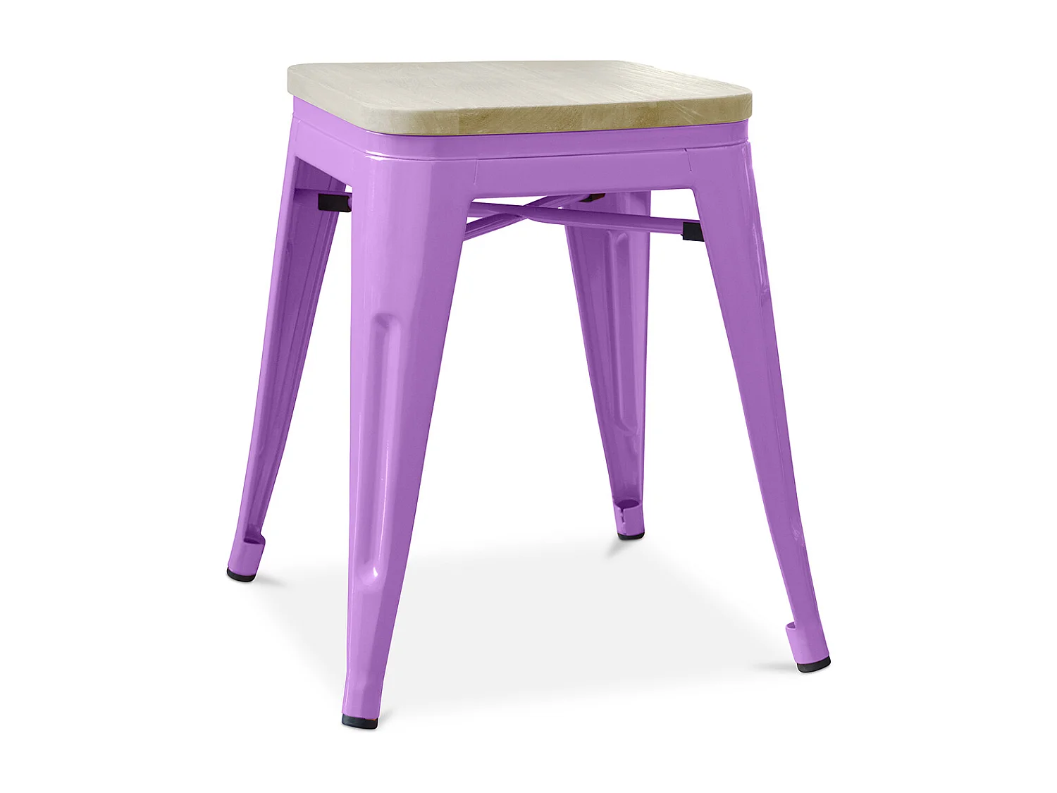 Petit tabouret industriel acier brillant et assise en bois massif naturel Reko 45cm-Couleur Violet