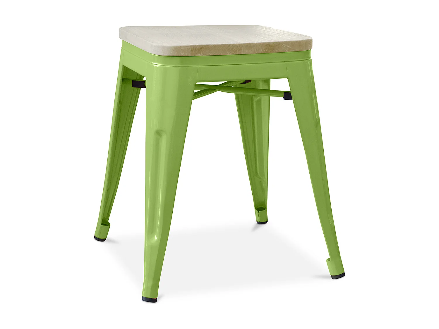 Petit tabouret industriel acier brillant et assise en bois massif naturel Reko 45cm-Couleur Vert kaki