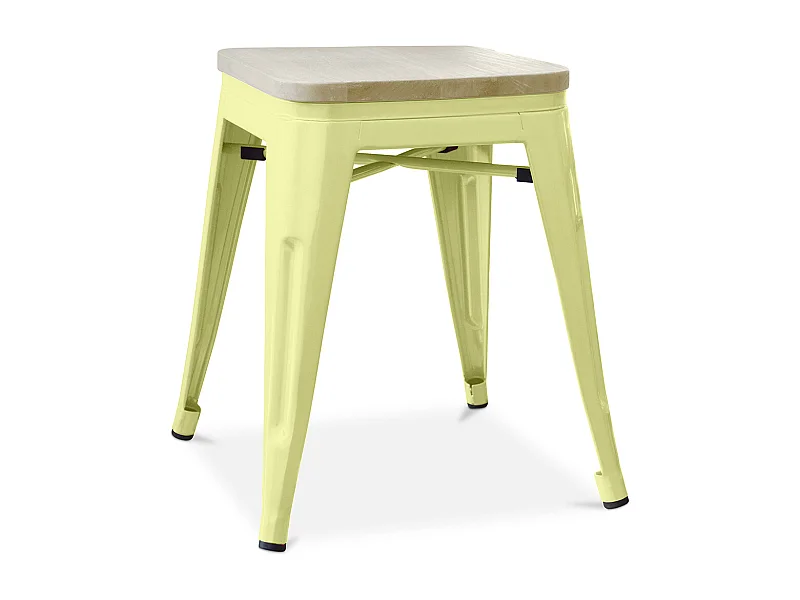 Petit tabouret industriel acier brillant et assise en bois massif naturel Reko 45cm-Couleur Jaune pastel