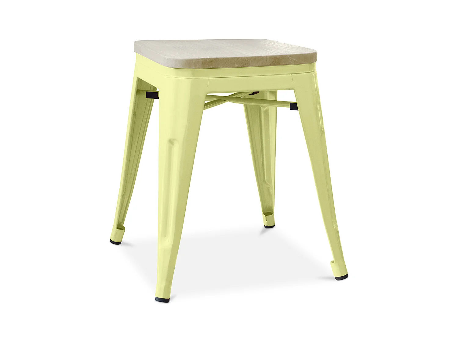 Petit tabouret industriel acier brillant et assise en bois massif naturel Reko 45cm-Couleur Jaune pastel
