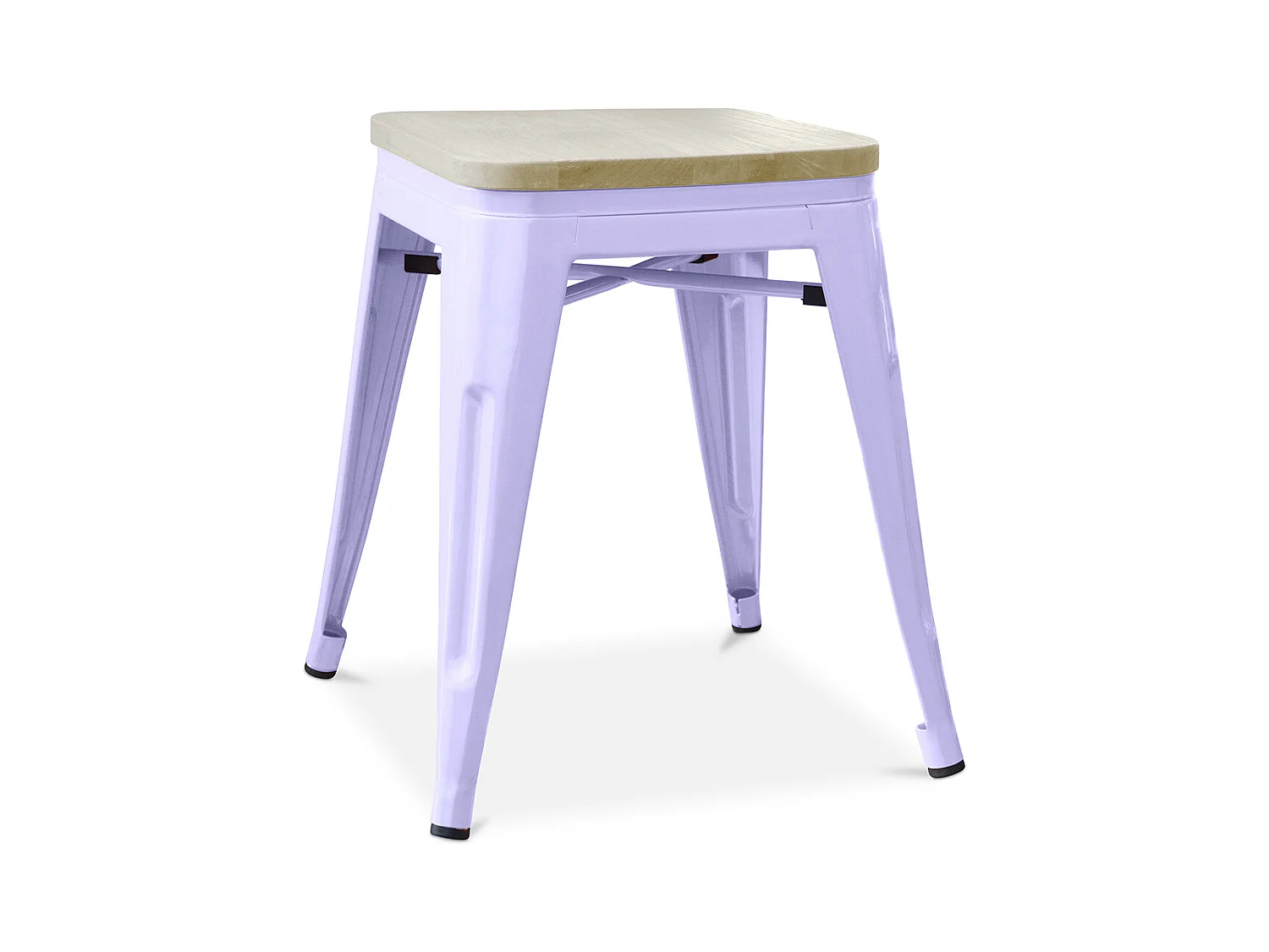 Petit tabouret industriel acier brillant et assise en bois massif naturel Reko 45cm-Couleur Parme