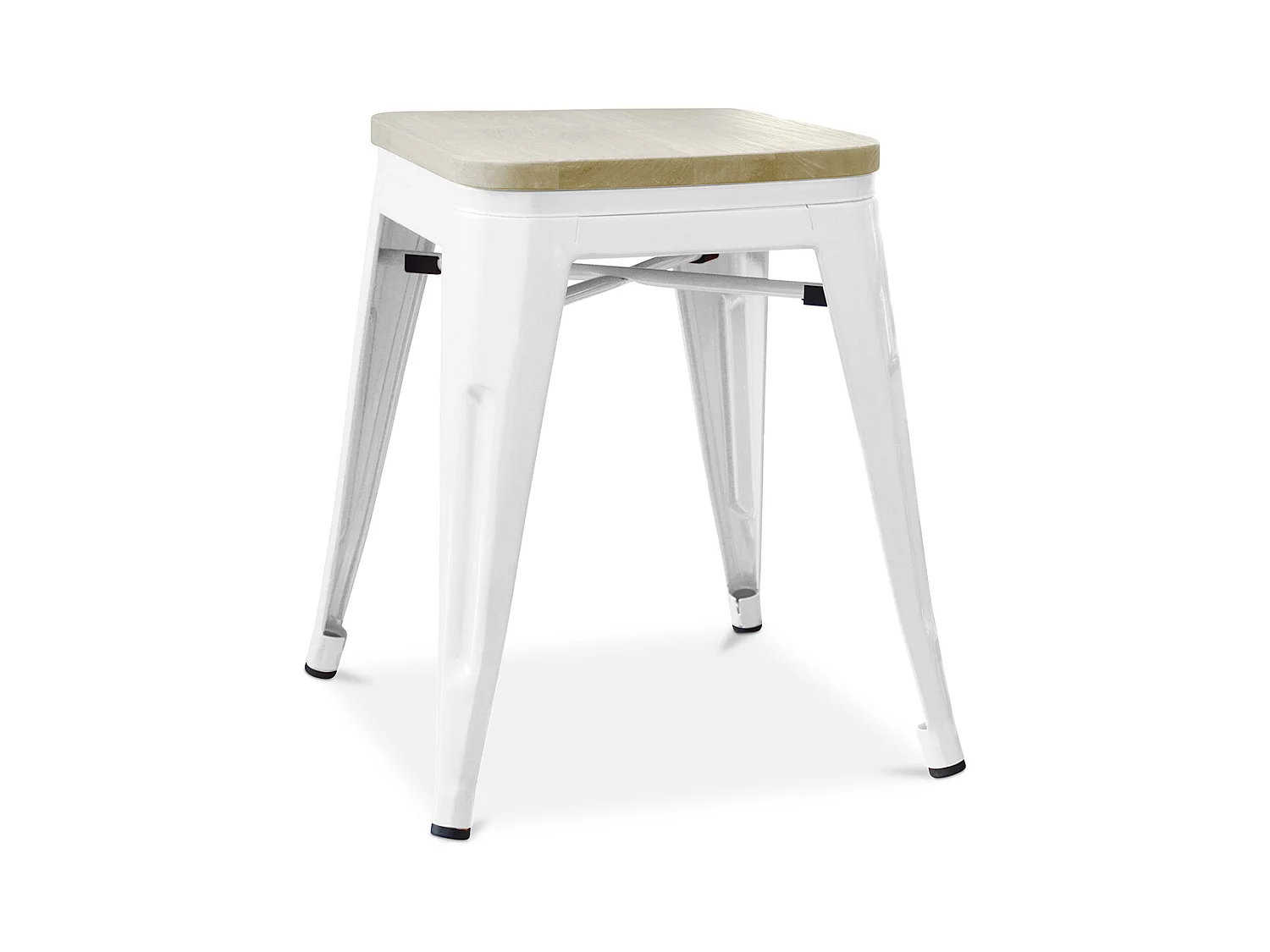 Petit tabouret industriel acier brillant et assise en bois massif naturel Reko 45cm-Couleur Blanc