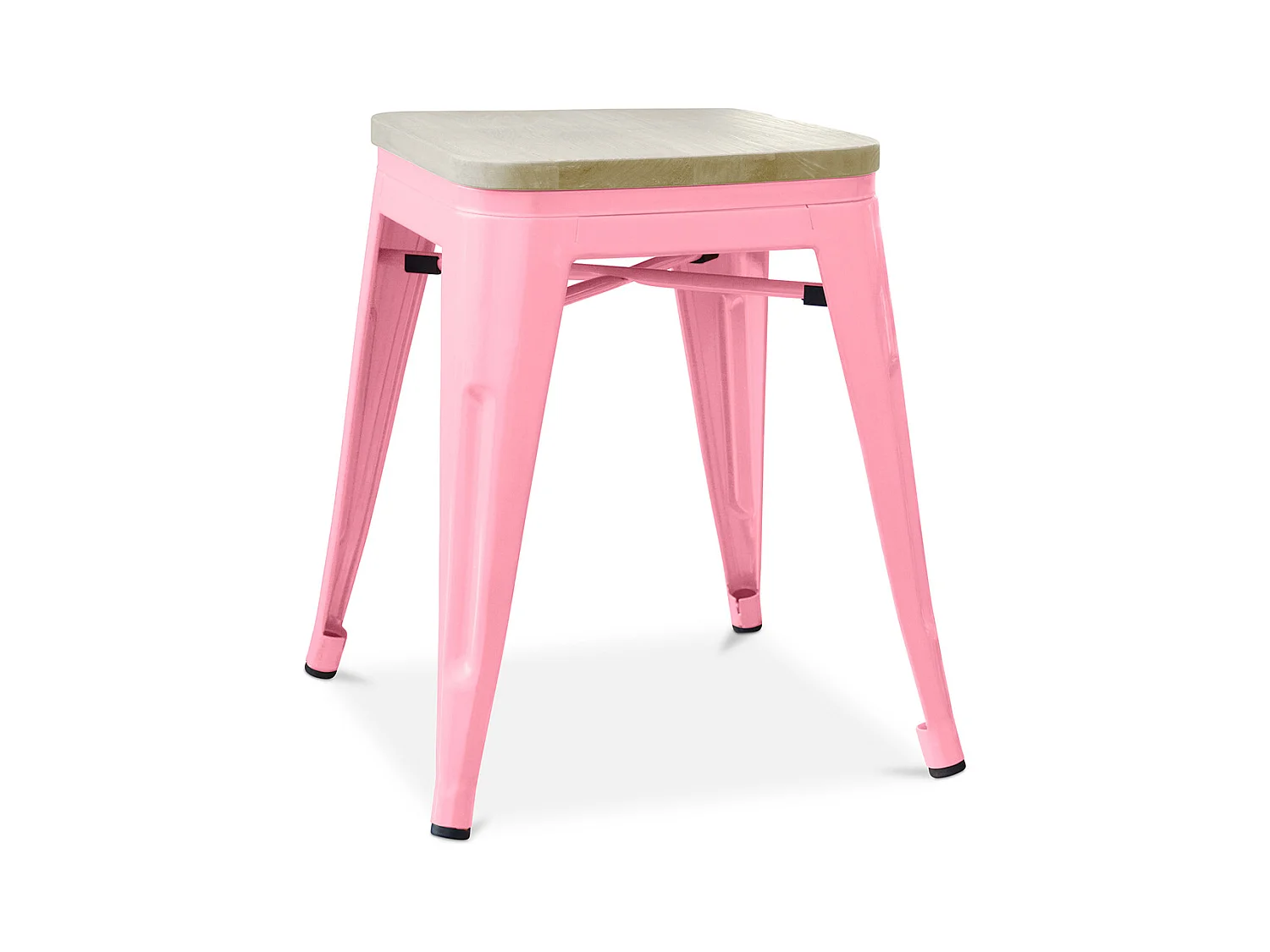 Petit tabouret industriel acier brillant et assise en bois massif naturel Reko 45cm-Couleur Rose