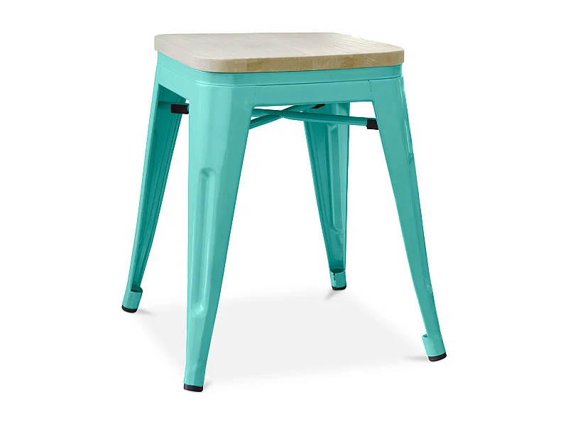 Petit tabouret industriel acier brillant et assise en bois massif naturel Reko 45cm-Couleur Bleu canard