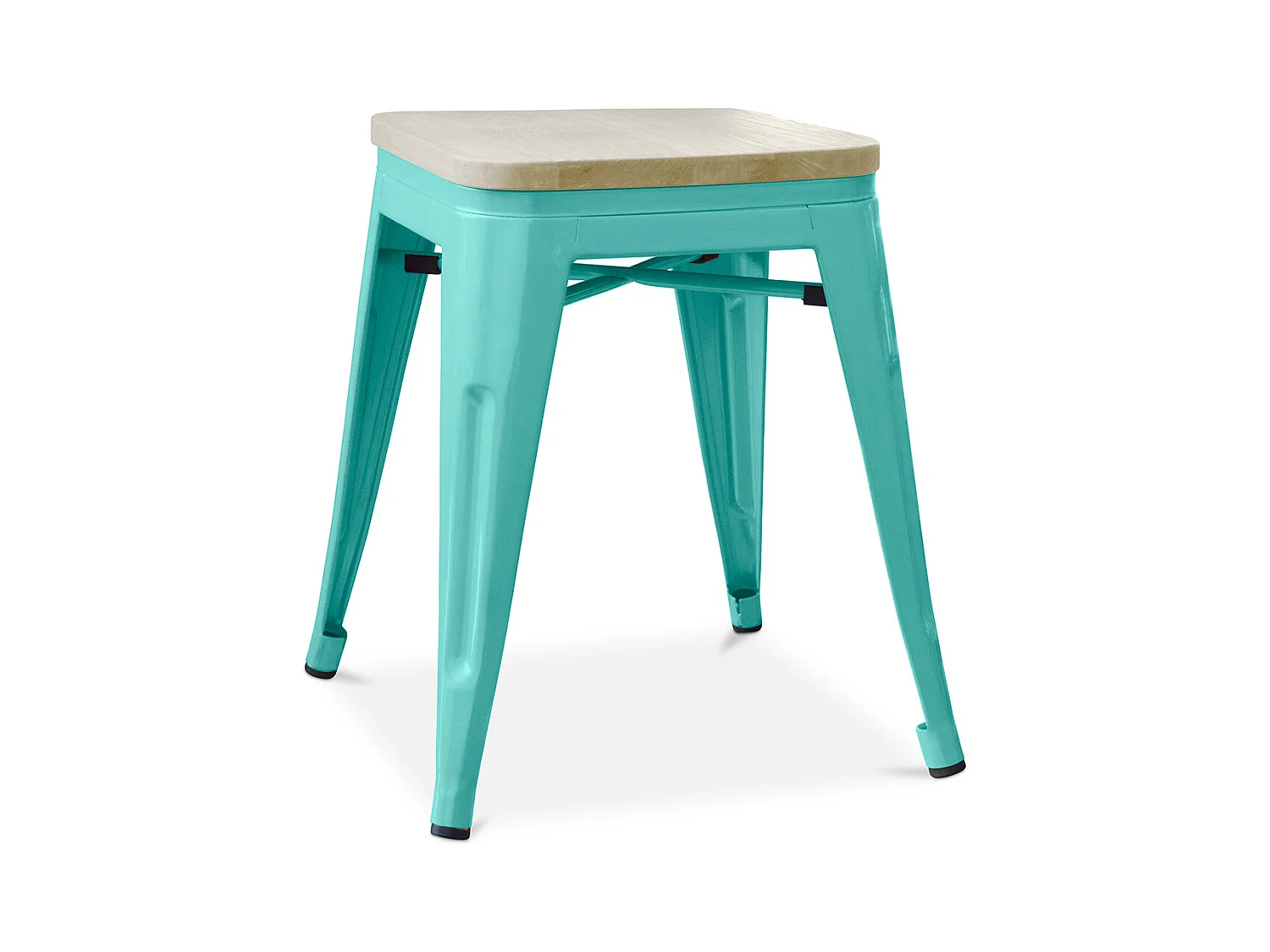 Petit tabouret industriel acier brillant et assise en bois massif naturel Reko 45cm-Couleur Bleu canard