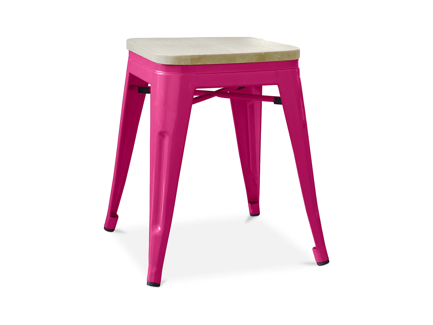 Petit tabouret industriel acier brillant et assise en bois massif naturel Reko 45cm-Couleur Fuchsia