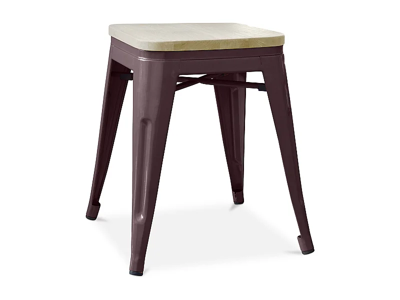 Petit tabouret industriel acier brillant et assise en bois massif naturel Reko 45cm-Couleur Marron