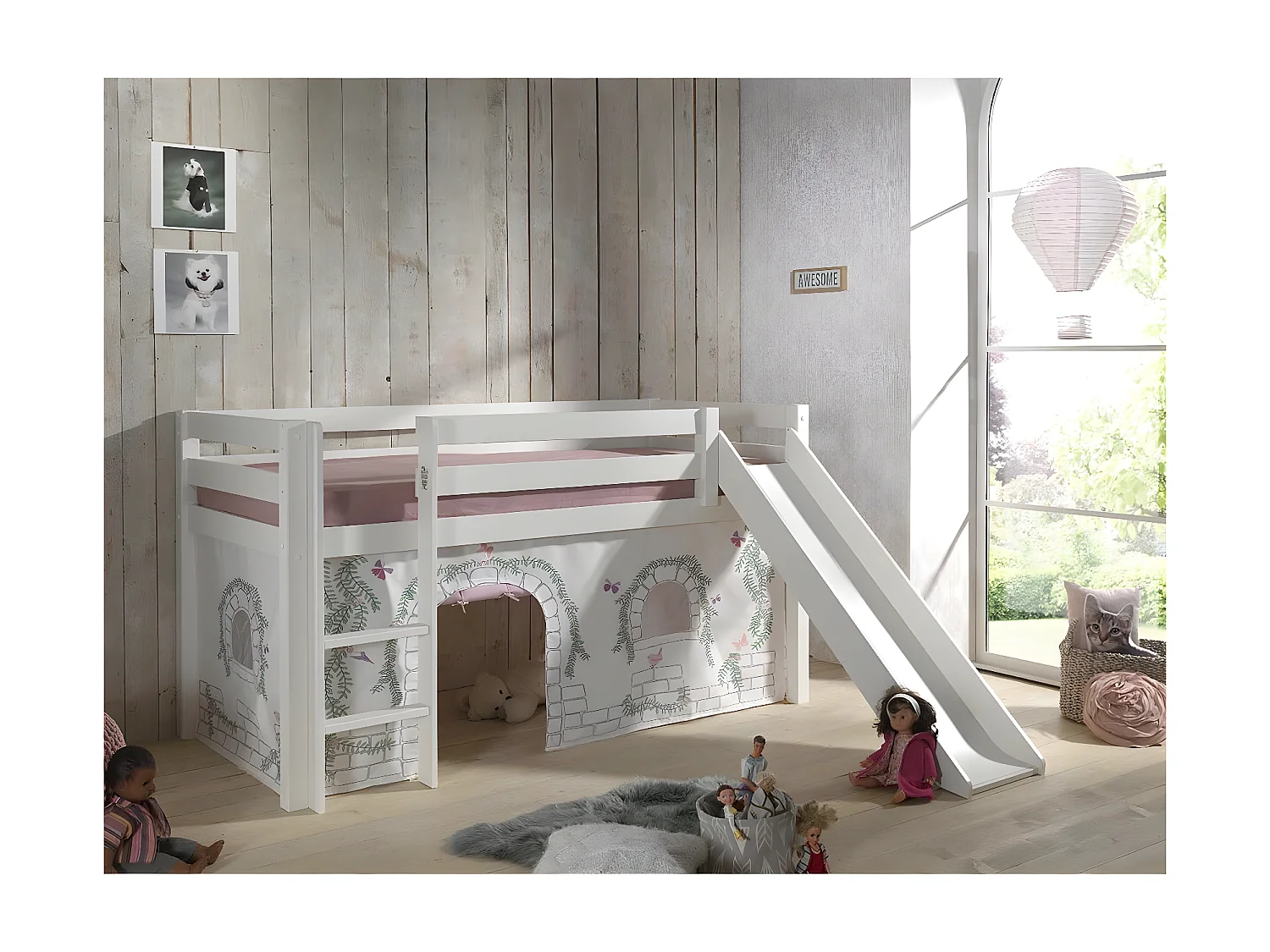 Pack - Lit Enfant Toboggan & Tente "Pino Birdy" 90x200cm Blanc