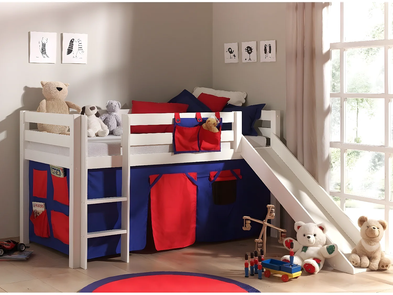 Lit Enfant Avec Toboggan "Pino Rouge" 90x200cm Blanc