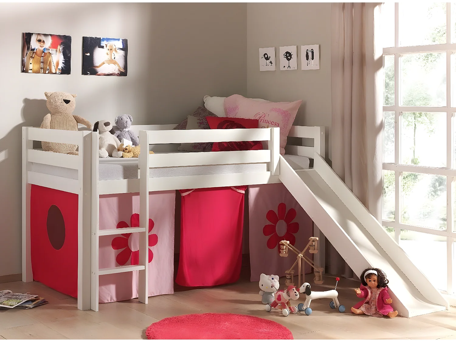 Lit Enfant Avec Toboggan "Pino Flower" 90x200cm Blanc