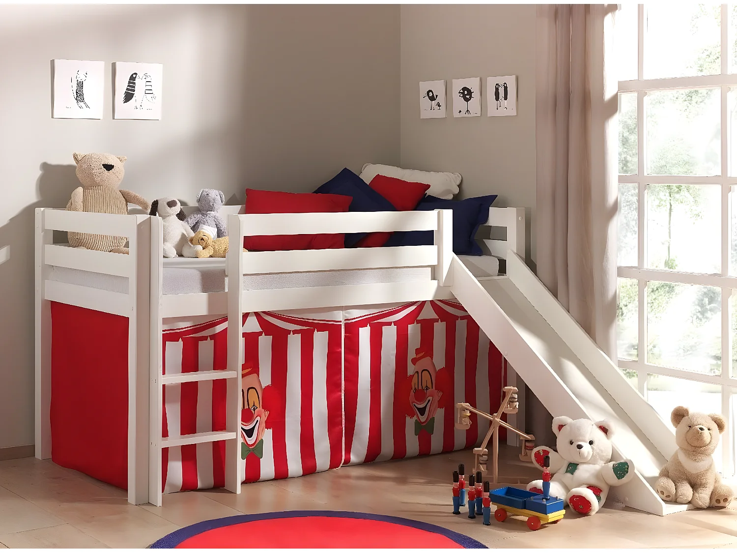 Cama tobogán 90x200 cm con tienda payaso de pino macizo blanco Pino