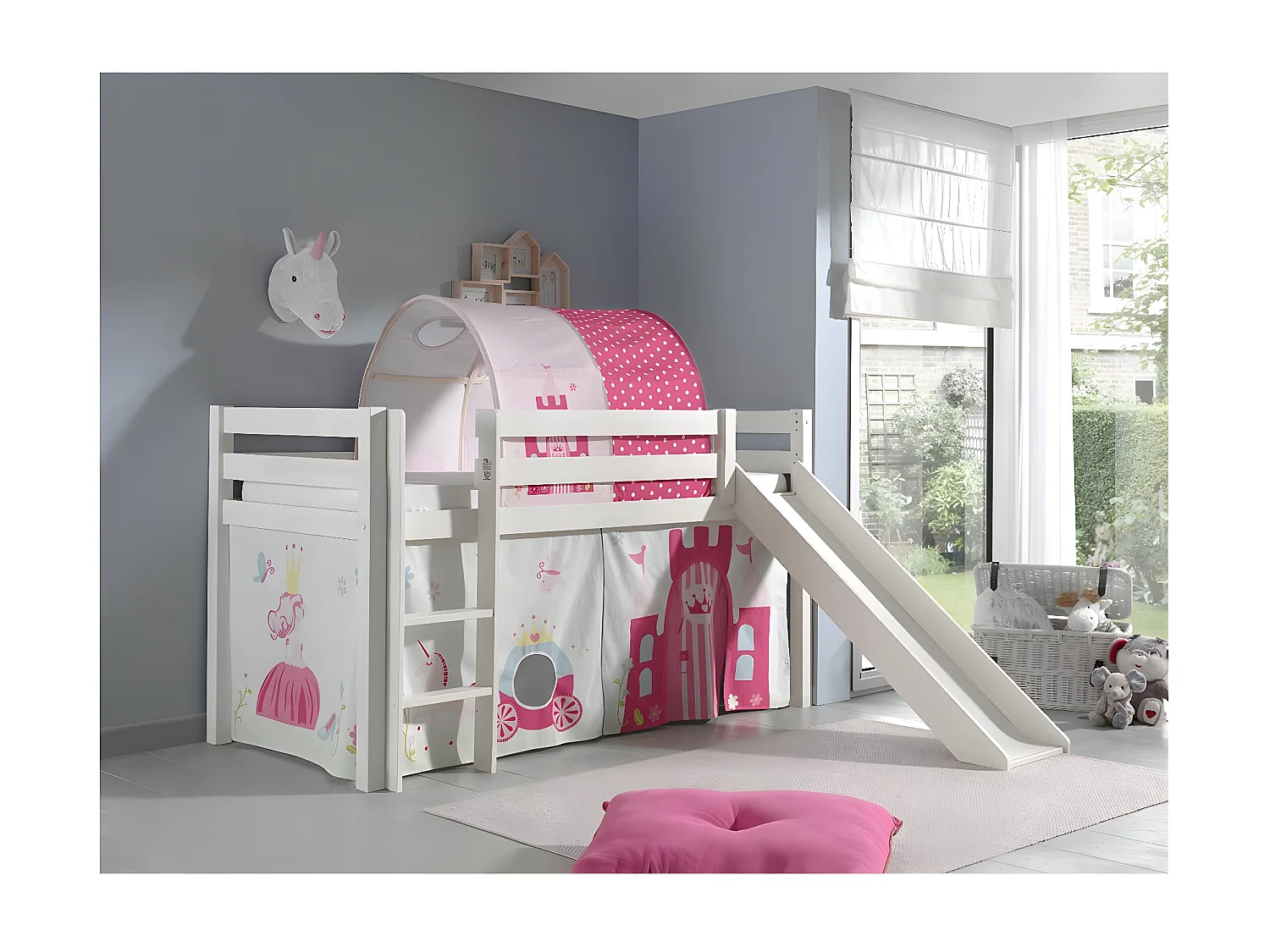 Glijbed 90x200 cm met tent en veertunnel massief grenen wit Pino