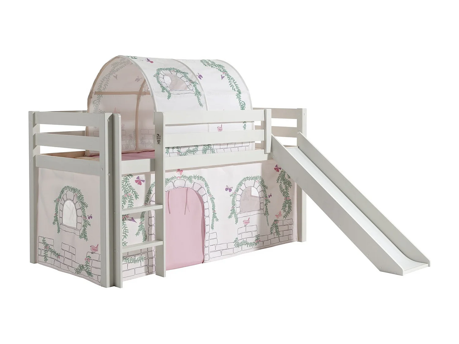 Glijbed 90x200 cm met tent en tunnel tegen wit massief grenen Pino