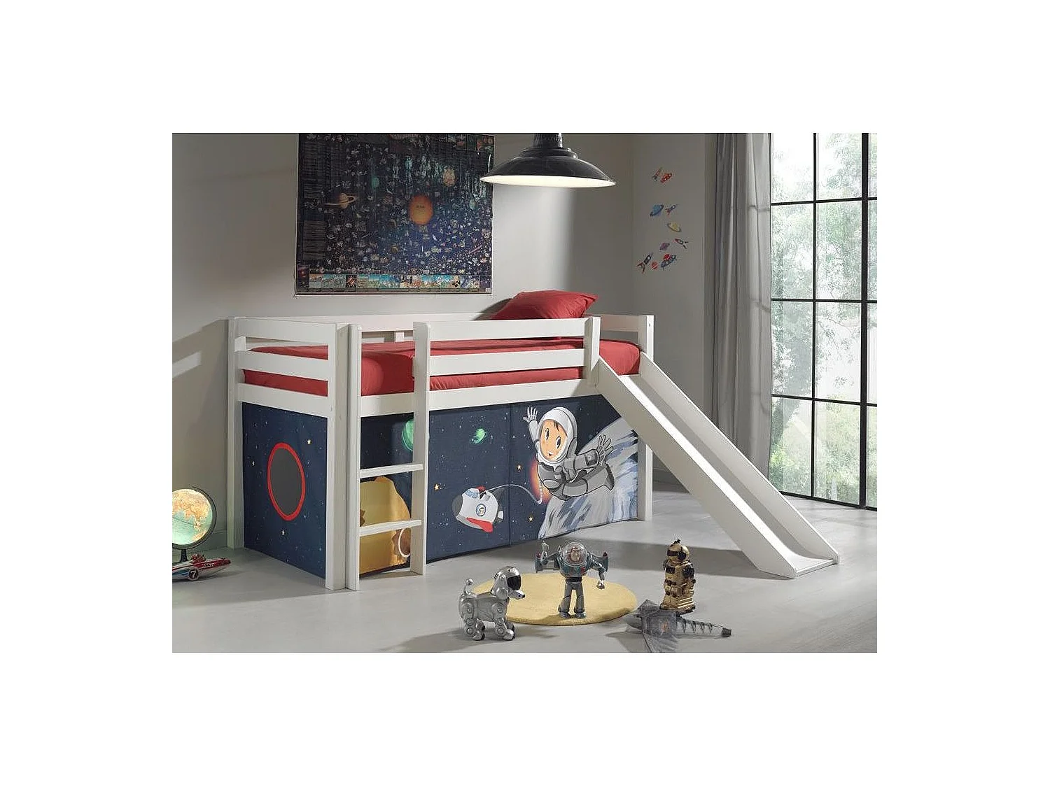 Lit Enfant Avec Toboggan "Pino Astronaute" 90x200cm Blanc