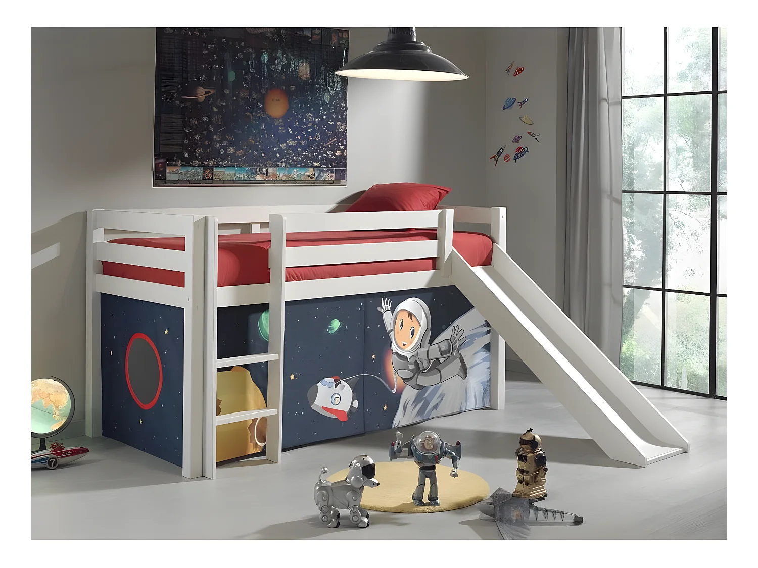 Lit Enfant Avec Toboggan "Pino Astronaute" 90x200cm Blanc