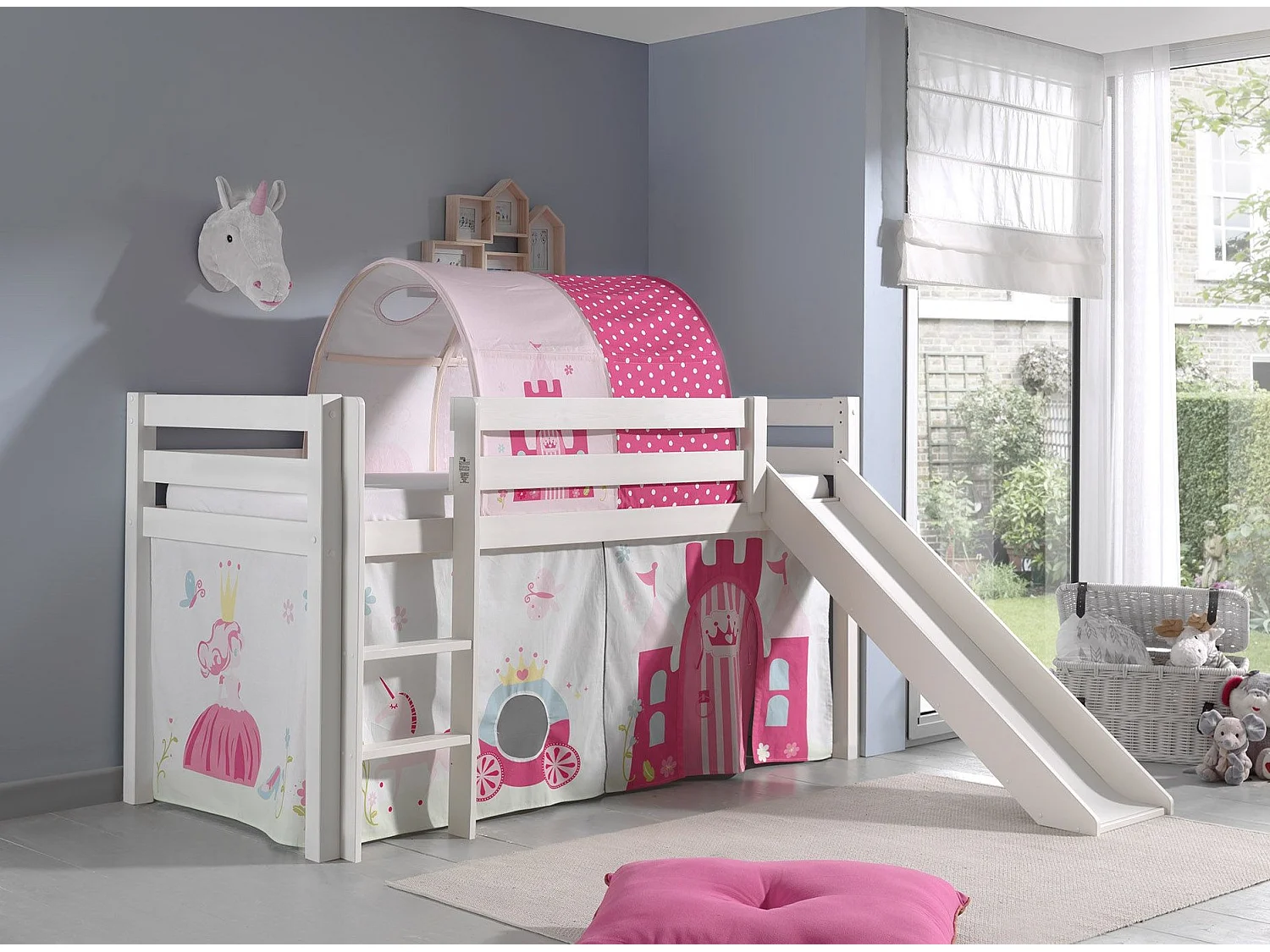 Glijbed 90x200 cm met tent en tunnel prinses massief grenen wit Pino