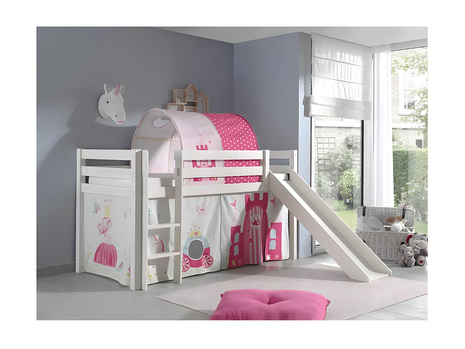 Glijbed 90x200 cm met tent en tunnel prinses massief grenen wit Pino