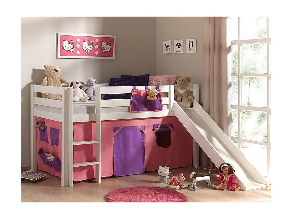 Lit Enfant Avec Toboggan "Pino Rose" 90x200cm Blanc