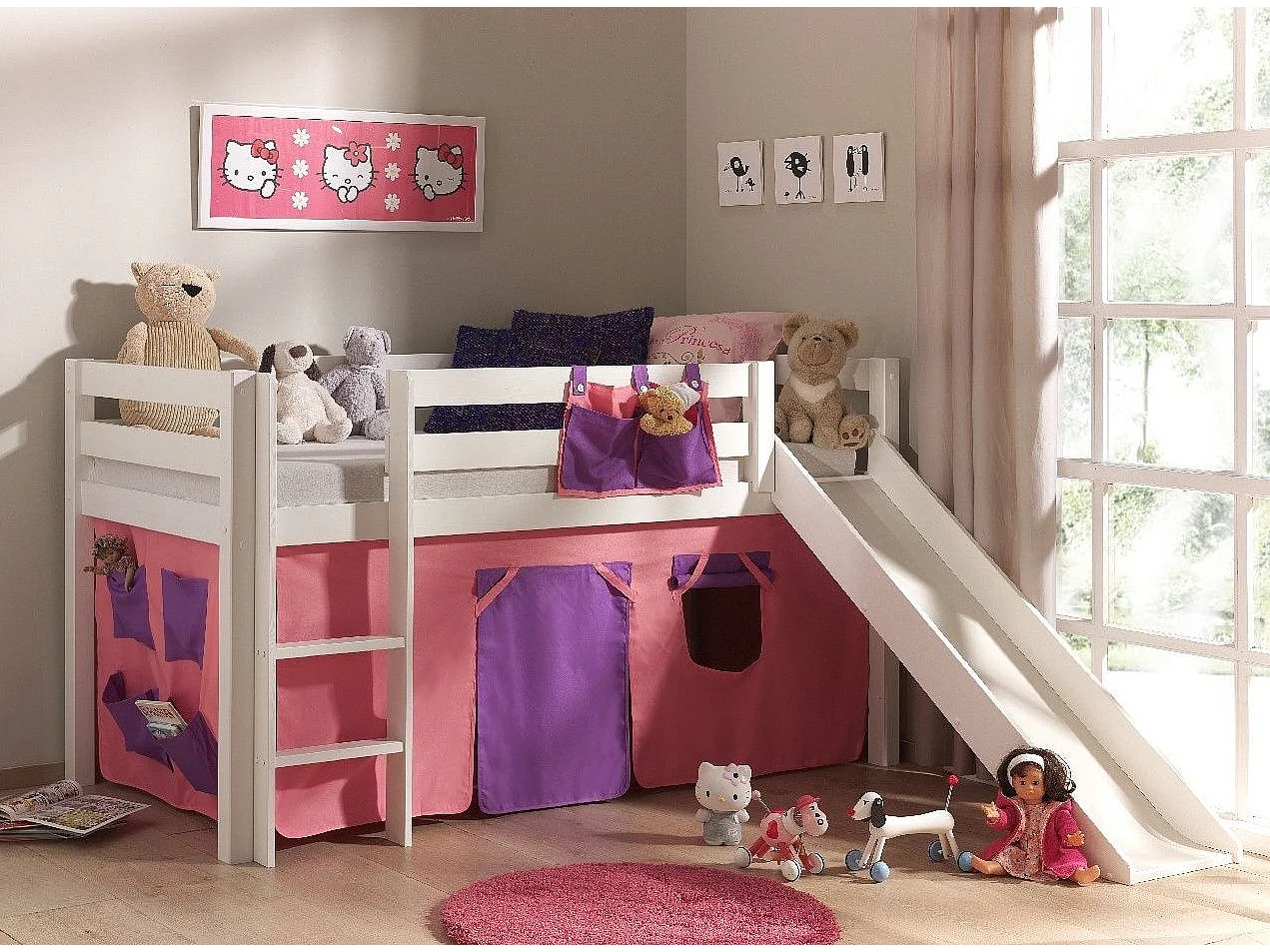 Lit Enfant Avec Toboggan "Pino Rose" 90x200cm Blanc