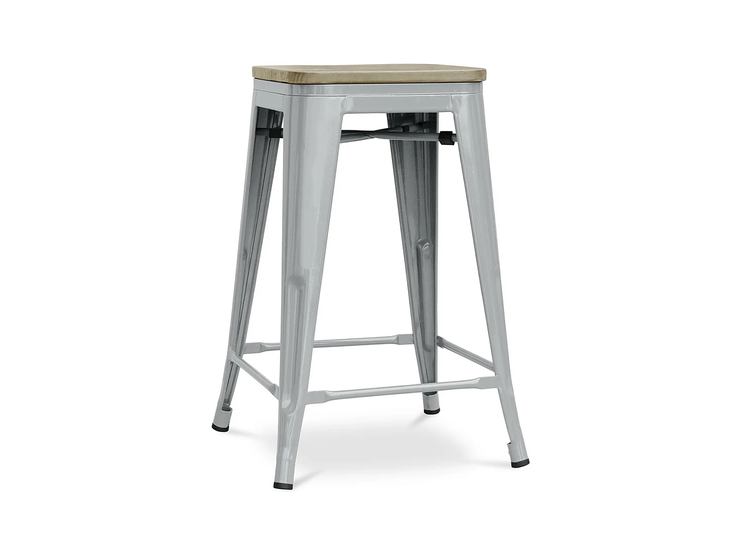 Tabouret industriel acier brillant et assise en bois massif naturel Reko 60cm-Couleur Gris clair