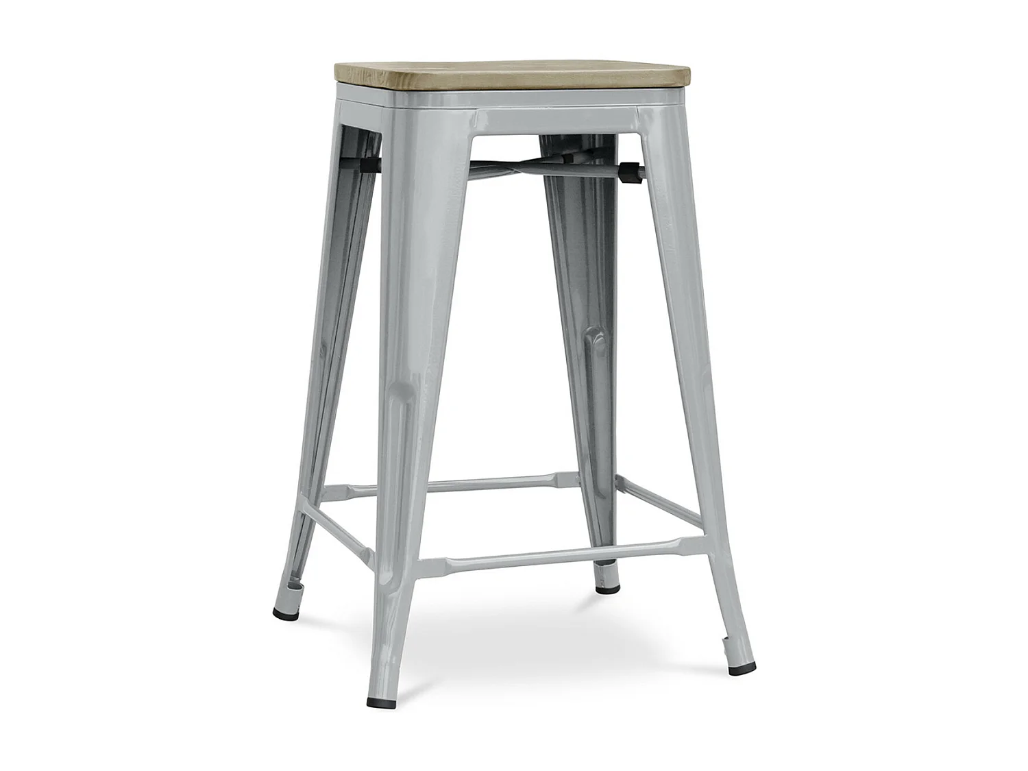 Tabouret industriel acier brillant et assise en bois massif naturel Reko 60cm-Couleur Gris clair