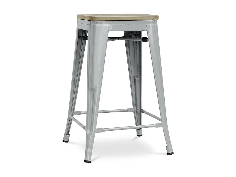 Tabouret industriel acier brillant et assise en bois massif naturel Reko 60cm-Couleur Gris clair