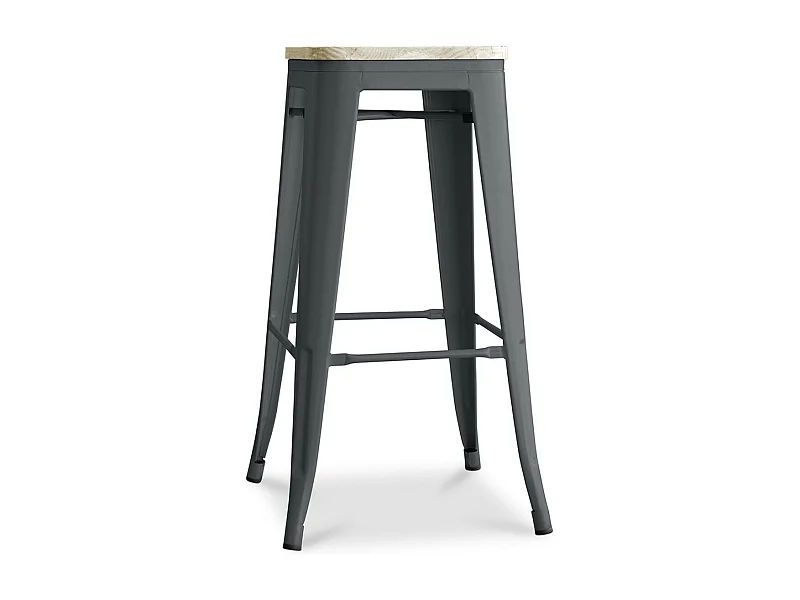 Tabouret haut industriel acier brillant et assise en bois massif naturel Reko 76cm-Couleur Gris foncé