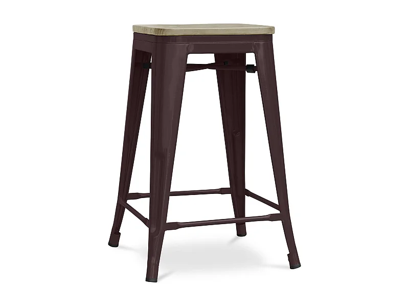Tabouret industriel acier brillant et assise en bois massif naturel Reko 60cm-Couleur Marron