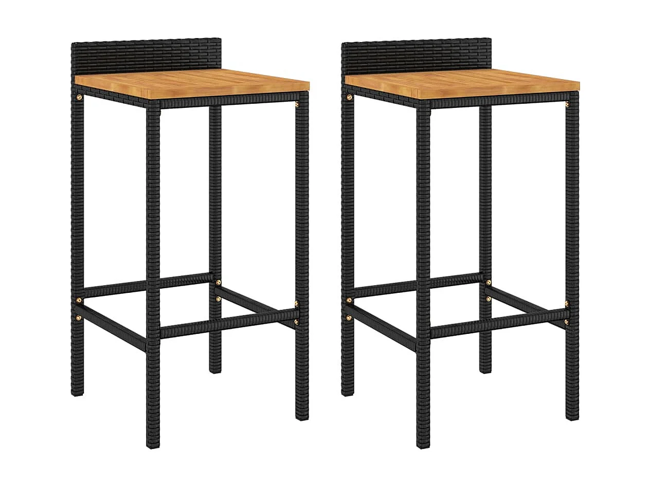 Tabourets de bar 2 pcs noir résine tressée et bois d'acacia