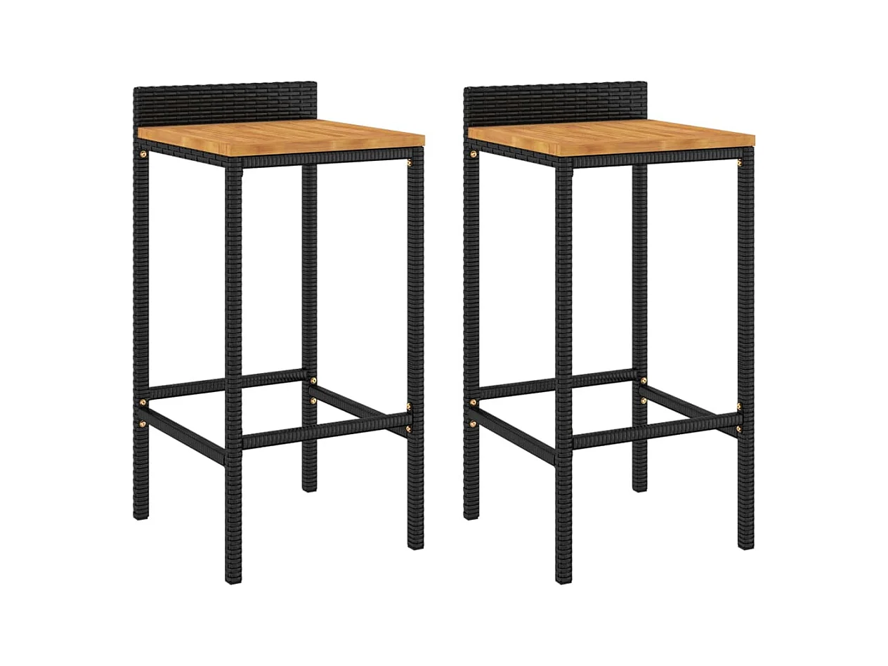 Tabourets de bar 2 pcs noir résine tressée et bois d'acacia