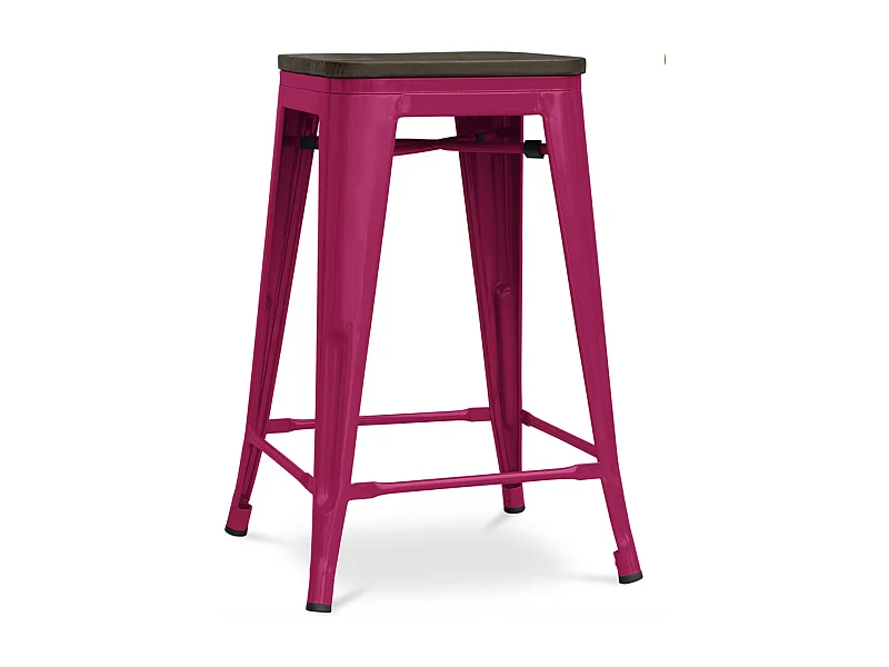 Tabouret industriel acier brillant et assise en bois massif marron Reko 60cm-Couleur Fuchsia