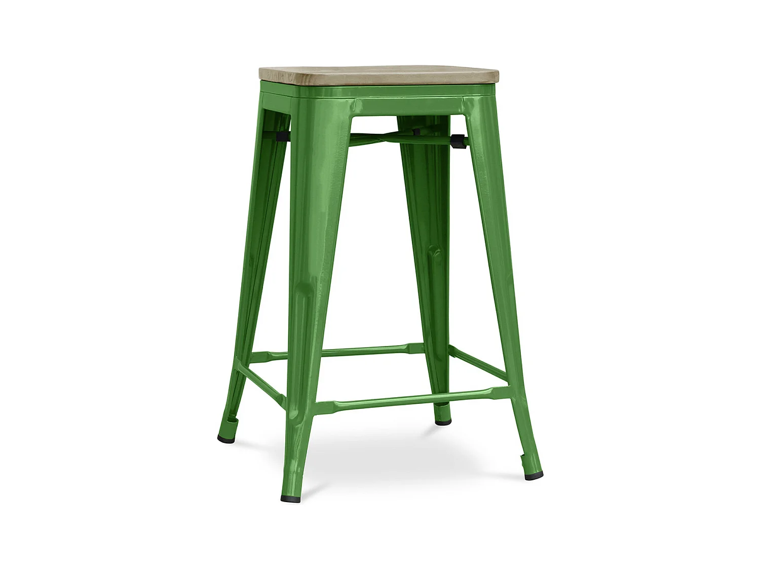 Tabouret industriel acier brillant et assise en bois massif naturel Reko 60cm-Couleur Vert kaki