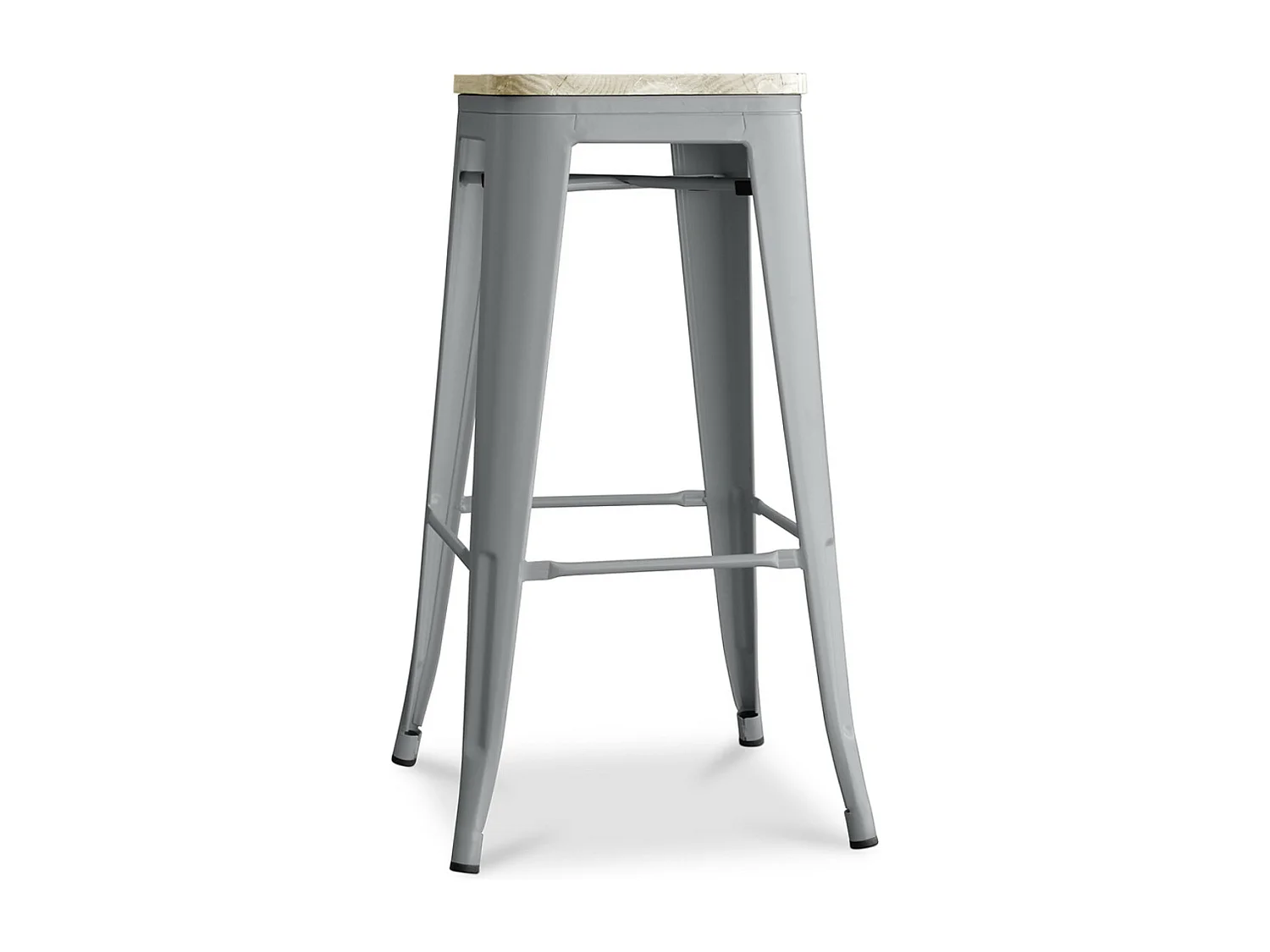 Tabouret haut industriel acier brillant et assise en bois massif naturel Reko 76cm-Couleur Gris clair