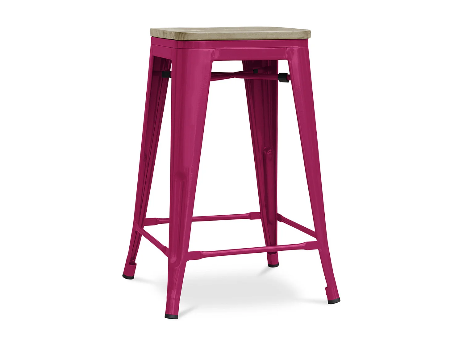 Tabouret industriel acier brillant et assise en bois massif naturel Reko 60cm-Couleur Fuchsia