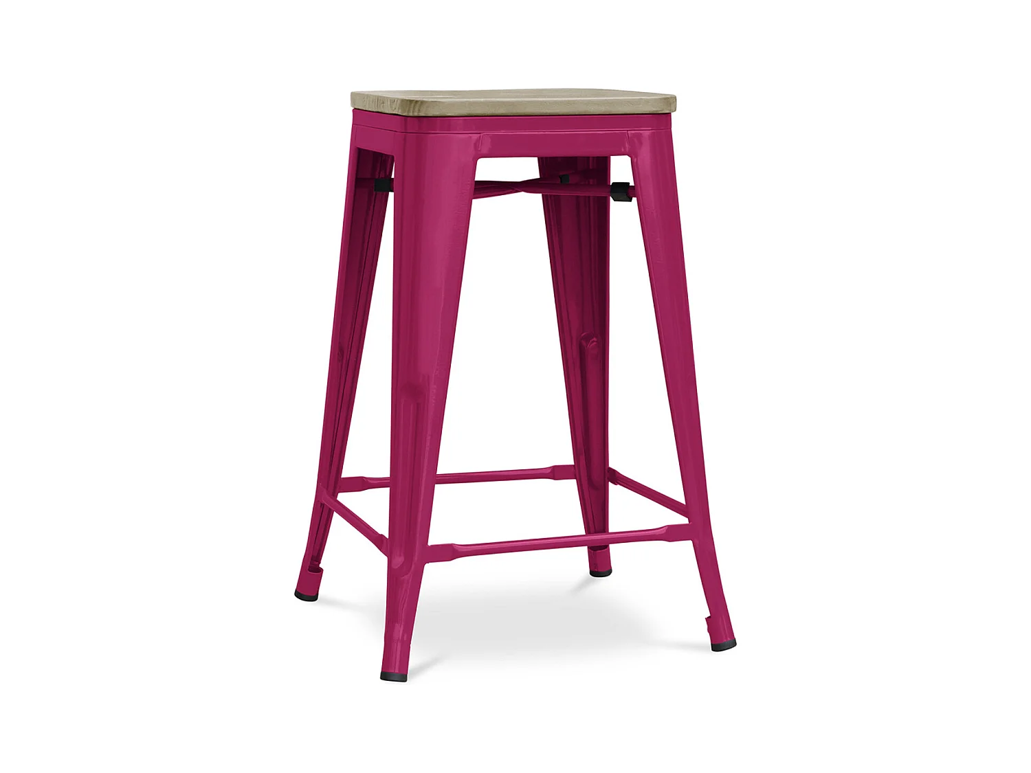 Tabouret industriel acier brillant et assise en bois massif naturel Reko 60cm-Couleur Fuchsia