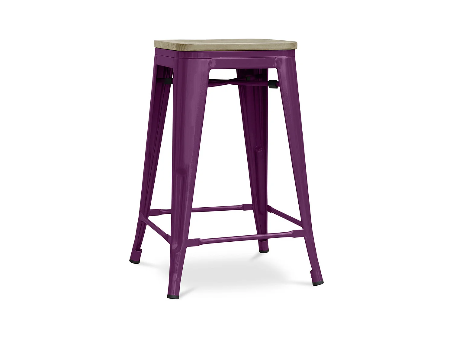 Tabouret industriel acier brillant et assise en bois massif naturel Reko 60cm-Couleur Violet