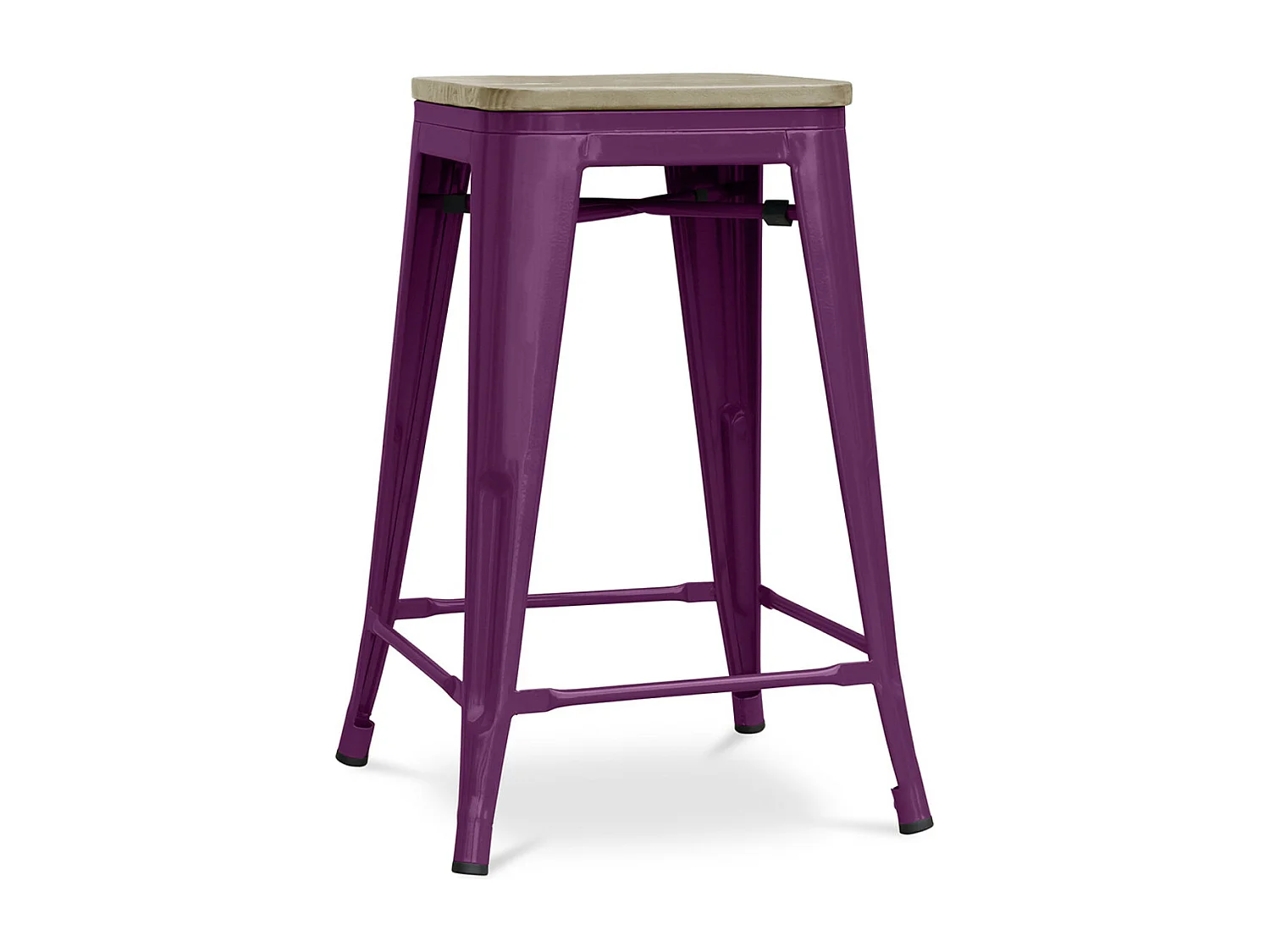 Tabouret industriel acier brillant et assise en bois massif naturel Reko 60cm-Couleur Violet